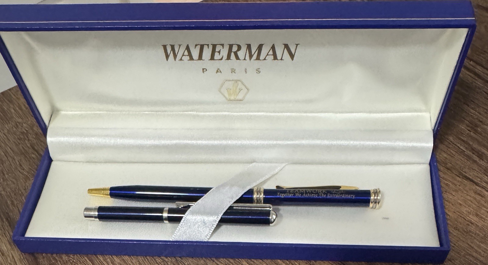 Waterman Paris Blue  Pen Set Original Box Gold Trim Teamwork Inscription Vintage