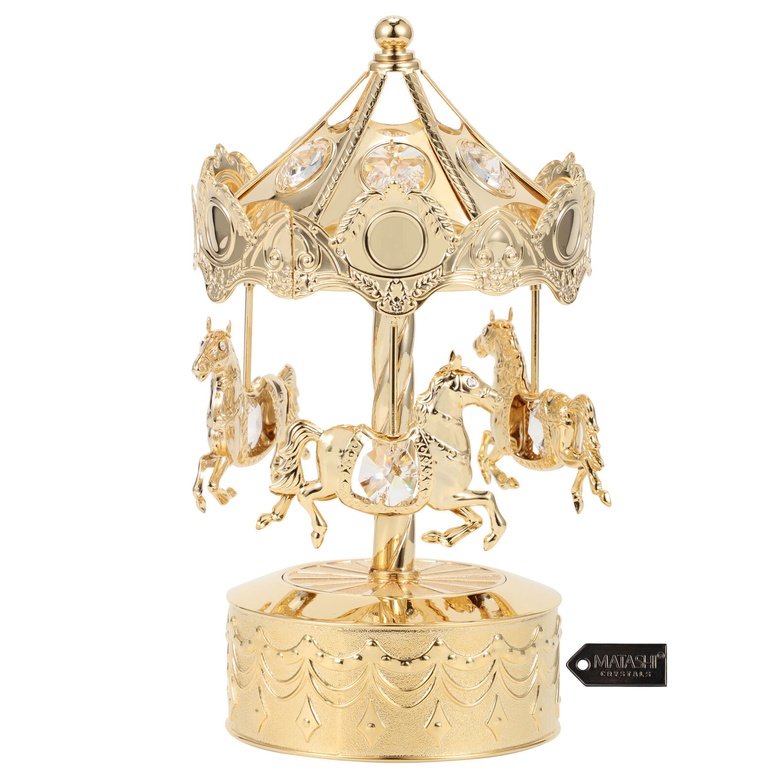 24K Gold Plated Music Box w/ Crystal Studded Carousel Horse Figurine by Matashi