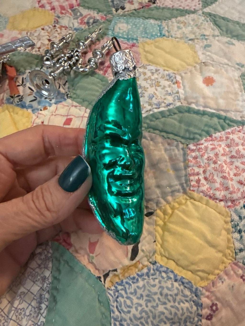 Vintage West Germany Man In The Moon Face Ornament Inge-Glas Green Silver