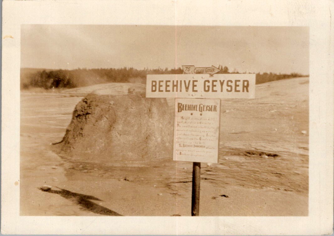 Beehive Geyser Yellowstone Sepia Photograph c1910s Canyon Sign & Crease Beehive Geyser Yellowstone Sepia Photograph c1910s Canyon Sign & Crease