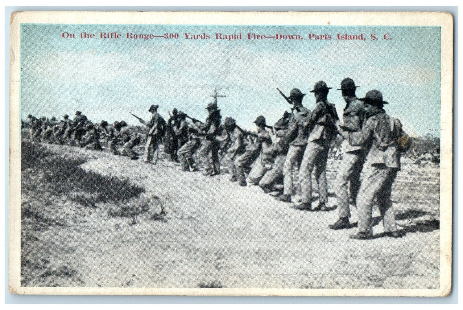c1920\'s On Rifle Range 300 Yards Rapid Fire Down Paris Island SC WW1 Postcard