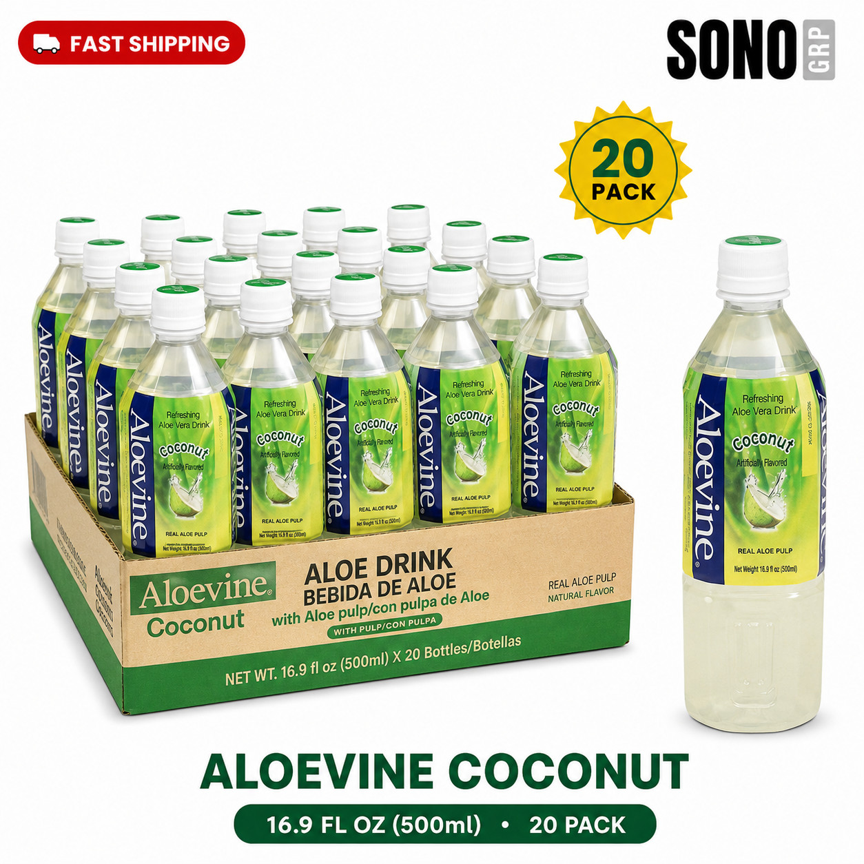 Aloevine Aloe Vera Drink COCONUT - 16.9 Fl Oz (Pack of 20 Bottles)