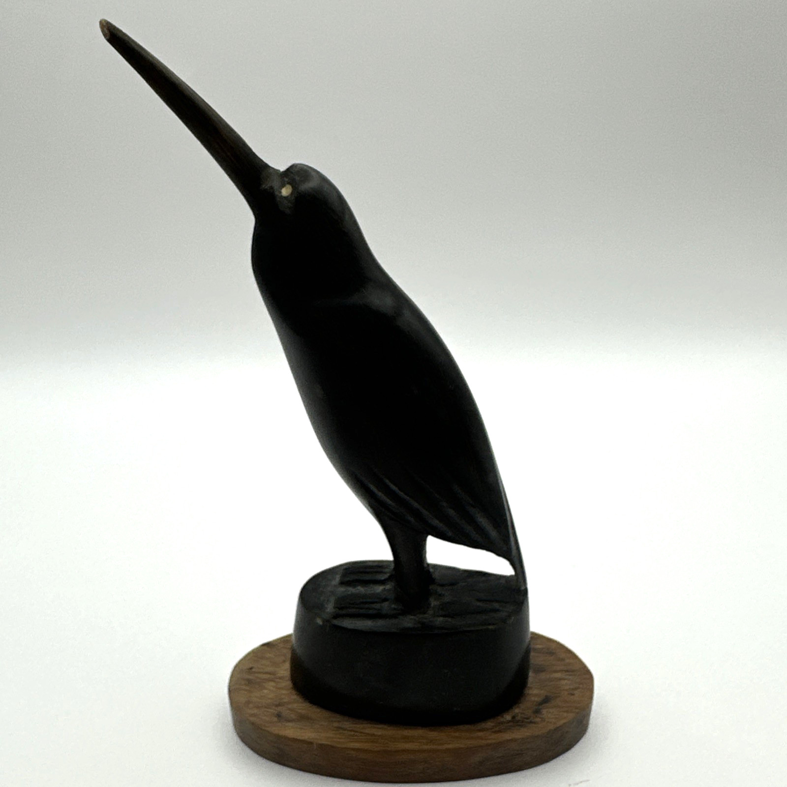 VTG Hand Carved Blk Horn Bird w/ Long Beak Figurine Buffalo Horn Mid-Century Art