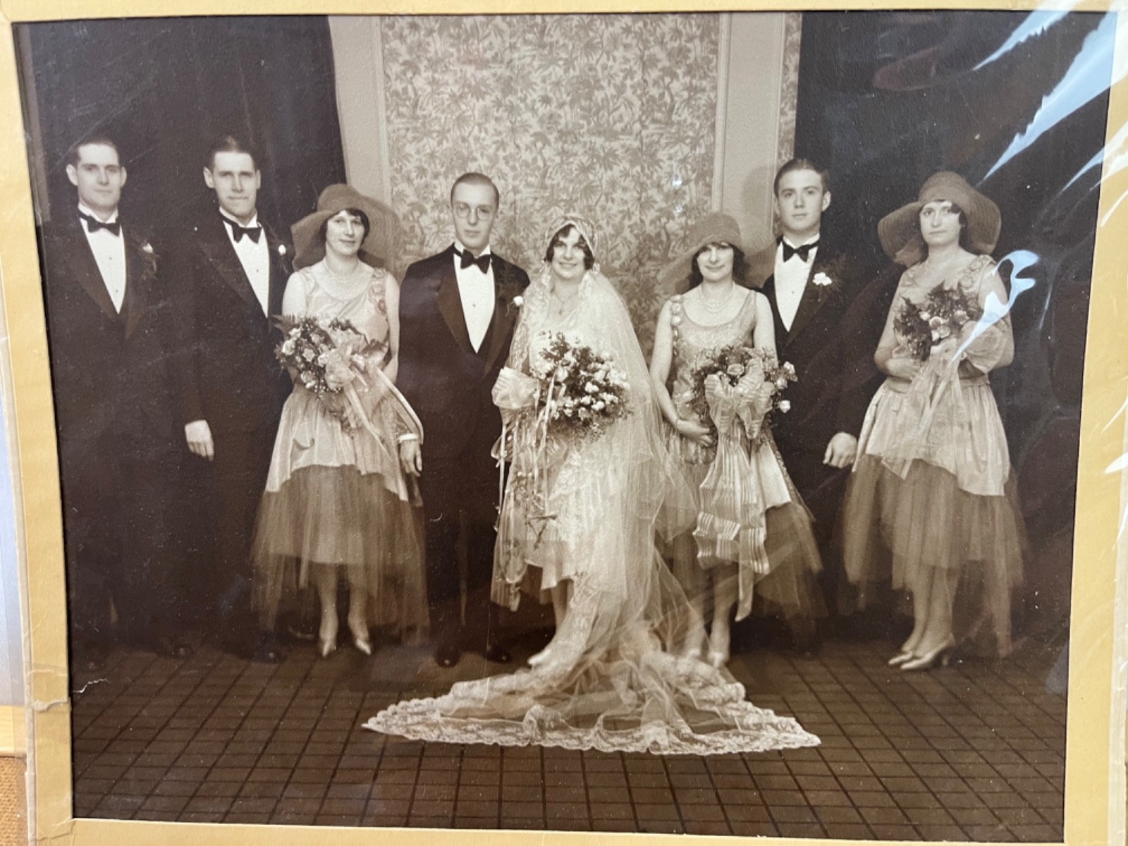 VTG 1920’s 1930’s Wedding Party Photo Stunning Brides Gown Cardboard Frame