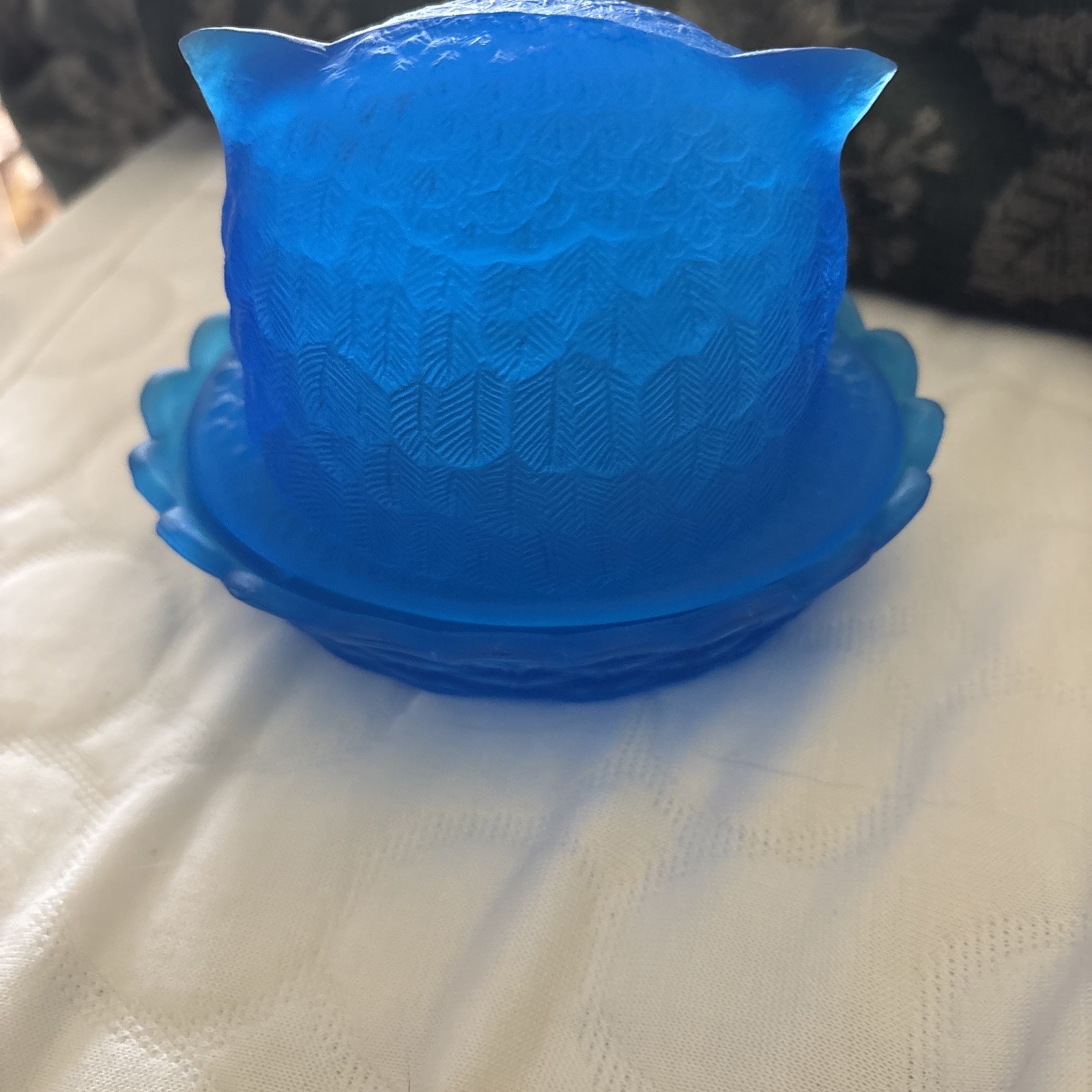Vintage Owl on Nest Covered Dish Blue Satin Glass Westmoreland Excellent Conditi