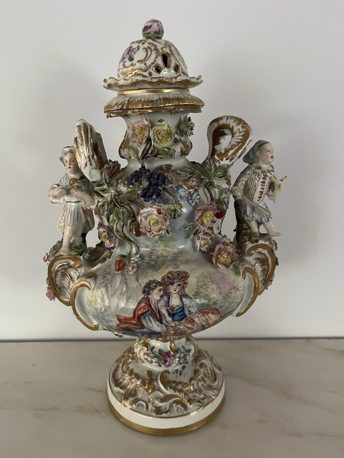 X Sword 19 c Antique German Dresden Porcelain Encrusted Rococo Potpurri Urn Vase