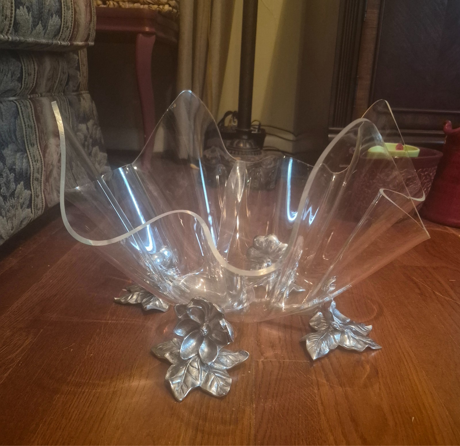 magnolia Arthur Court acrylic serving dish and magnolia stand