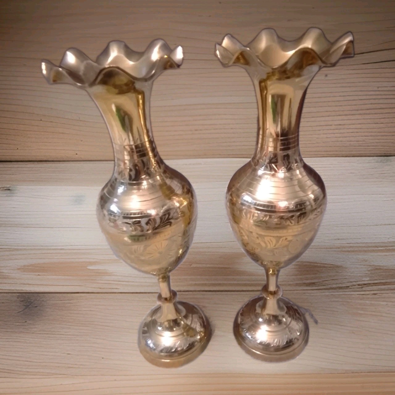 Vintage Etched Pair Of Brass Vases Made in India Very Unique Weights In Pic