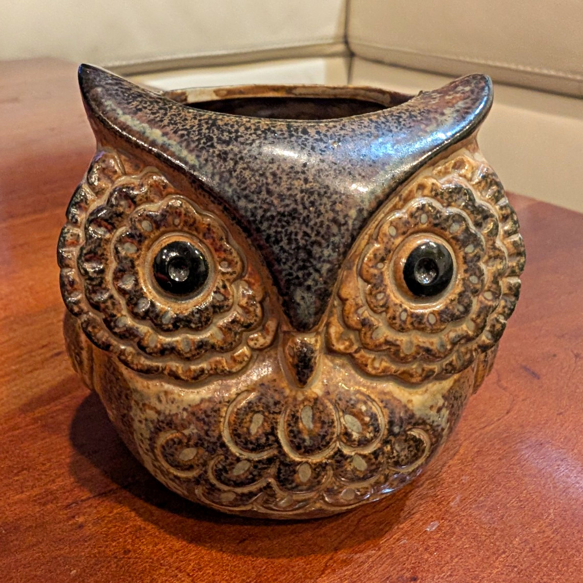 Owl-Shaped Ceramic Vase/Jar Container, Brown Glaze Pottery Oritagi Japan