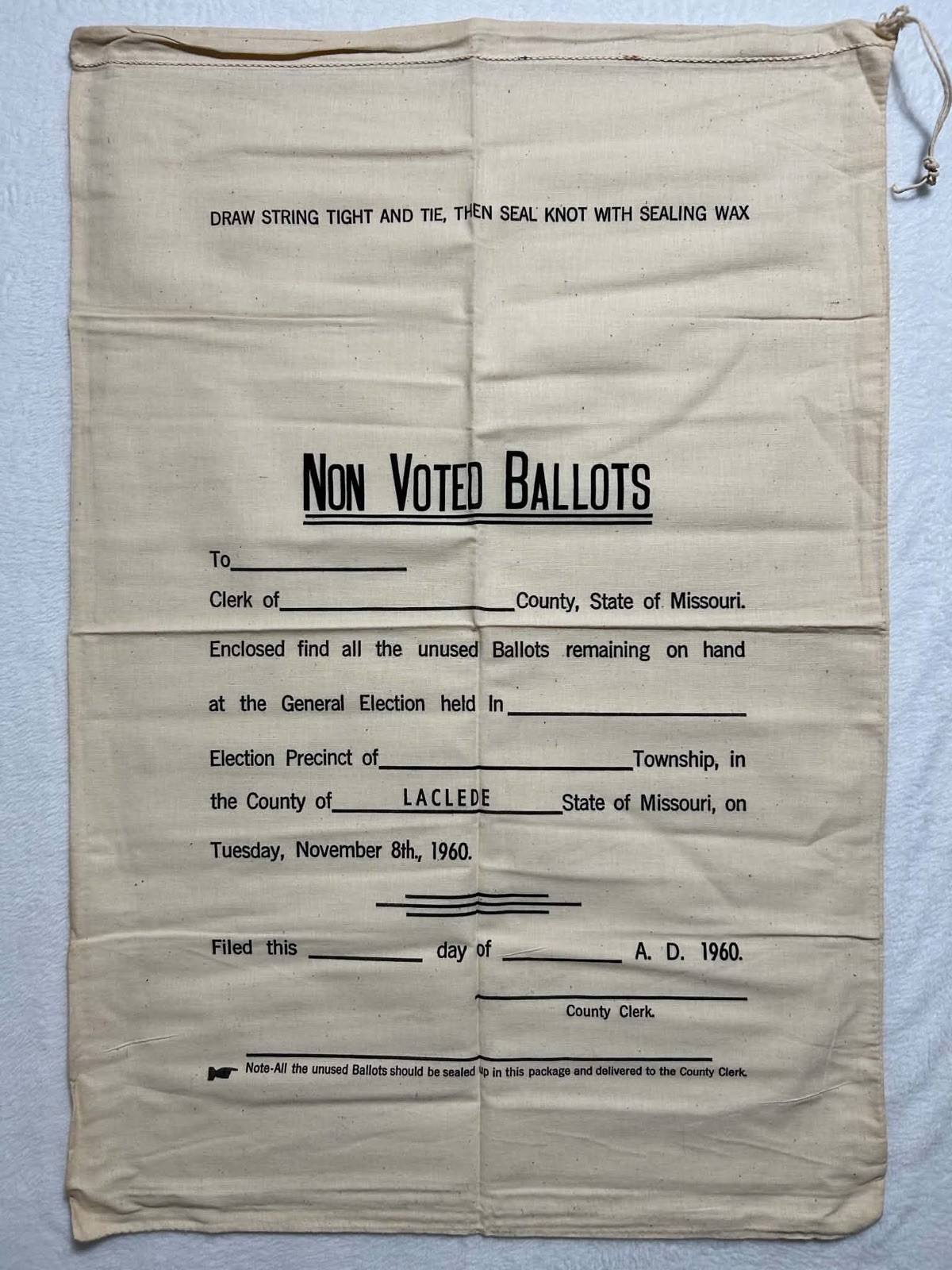 Vintage 1960 Canvas Non-Voted Ballots Bag Laclede County Missouri Election 23x34 Vintage 1960 Canvas Non-Voted Ballots Bag Laclede County Missouri Election 23x34