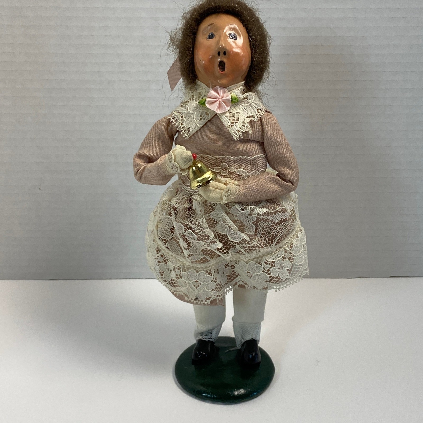Vintage 1986 Byers Choice The Carolers Girl with Bell Pink Dress Lace Figurine