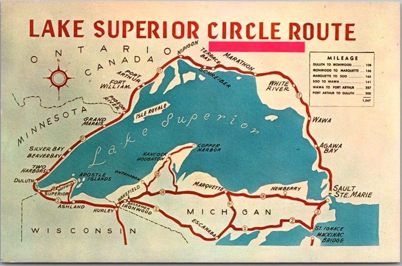 c1960s LAKE SUPERIOR CIRCLE ROUTE Map Postcard Minn. Michigan Wisc. Canada