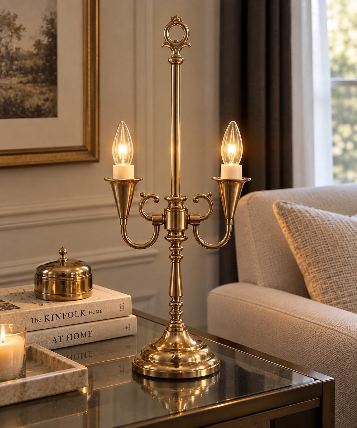 1970’s vintage French bouillotte solid brass and copper candelabra table lamp