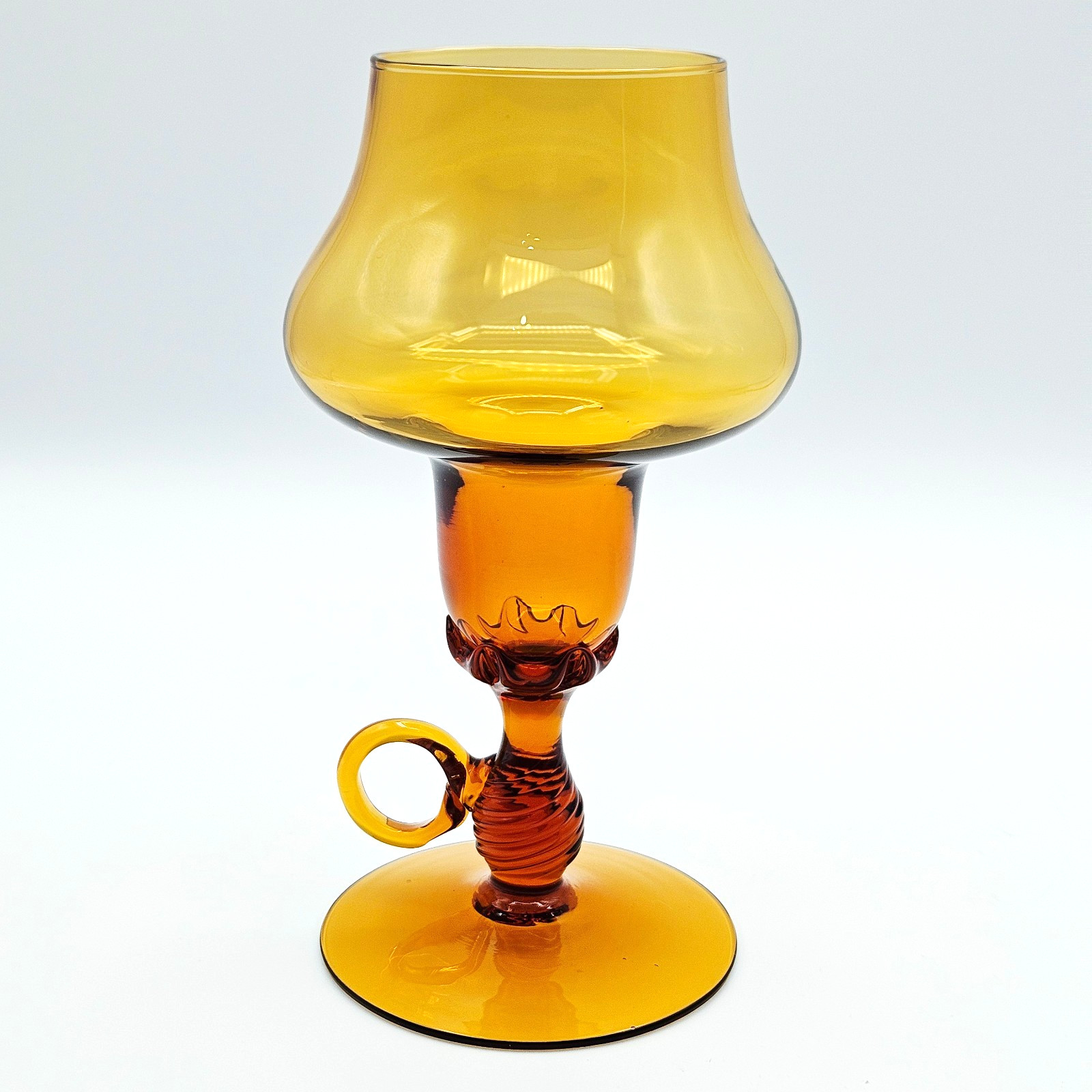 Vintage Amber Blown Glass Finger Loop Candle Holder MCM Scandinavian Style 6.5\