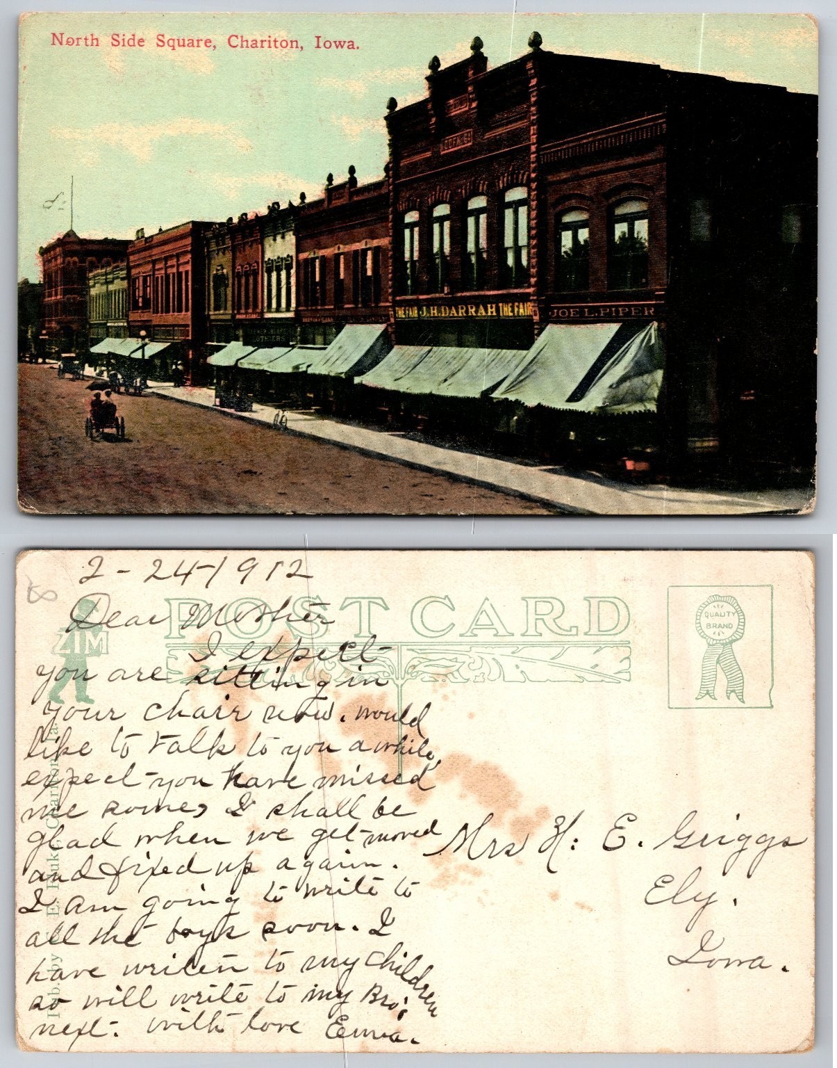 Vintage 1912 Chariton Iowa Postcard North Side Square J.H. Darrah The Fair