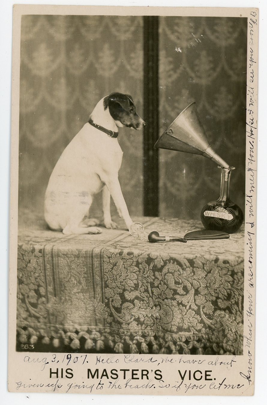 RPPC RCA Dog and Phonograph Spoof Card His Master\'s Vice