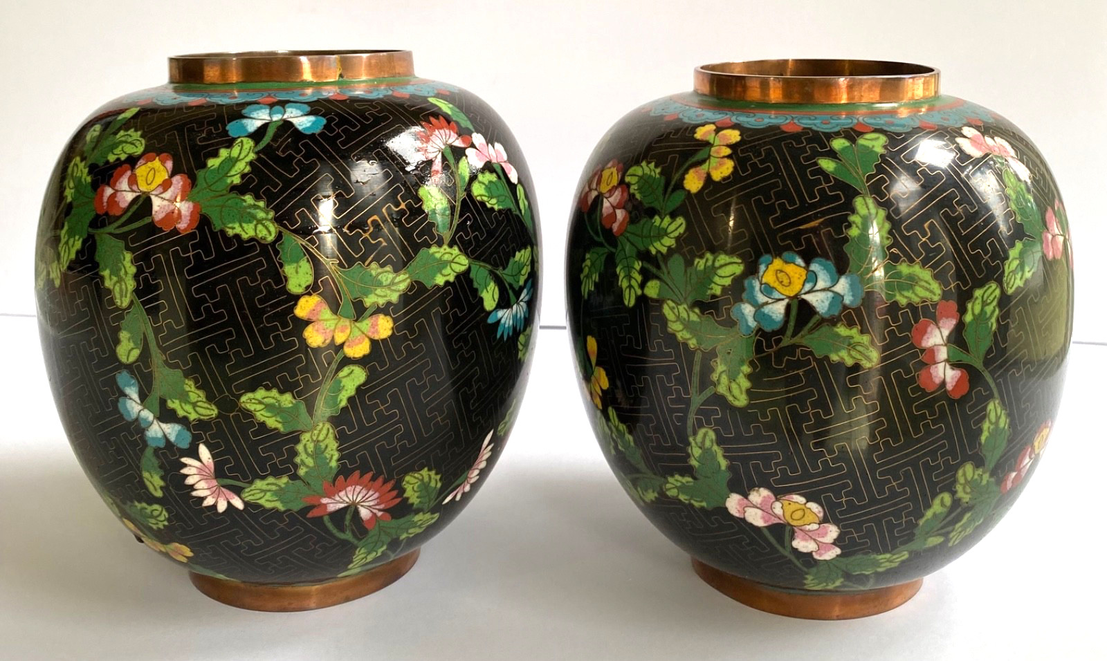 Set 2 Vtg Chinese Black Cloisonné Ginger Jars Handmade Enamel Floral Vases Pair