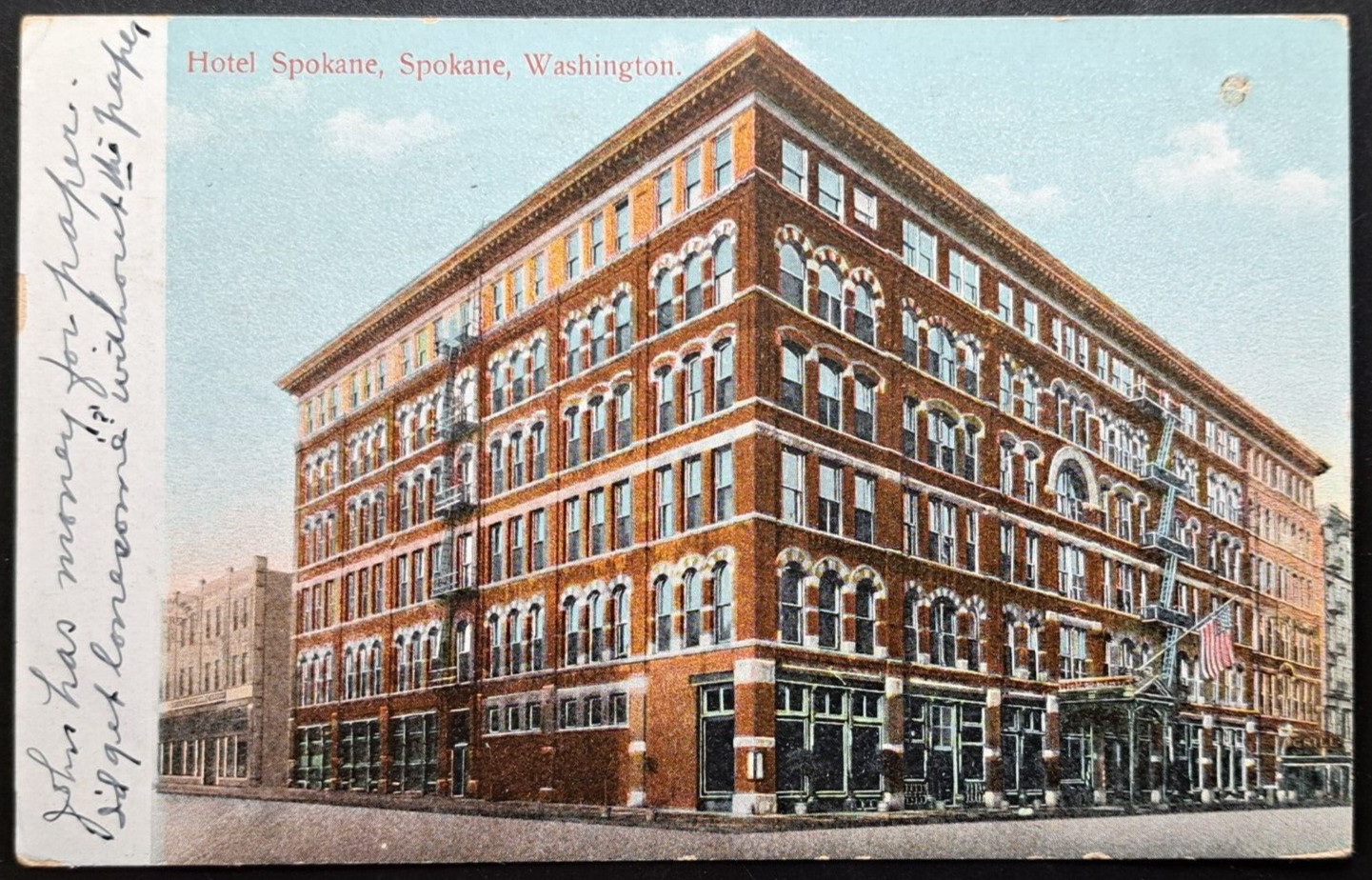 1909 Spokane WA Hotel Spokane Postcard Vintage Street View Postmarked Rare