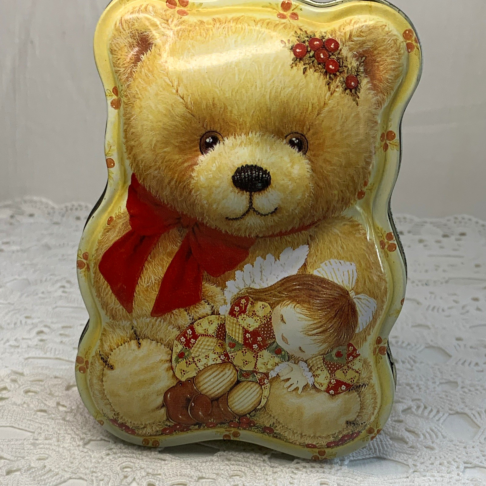 Vintage 1996 Silver Crane Co Teddy Bear Shaped Tin Patchwork Quilt Angel 6.5\ Vintage 1996 Silver Crane Co Teddy Bear Shaped Tin Patchwork Quilt Angel 6.5\