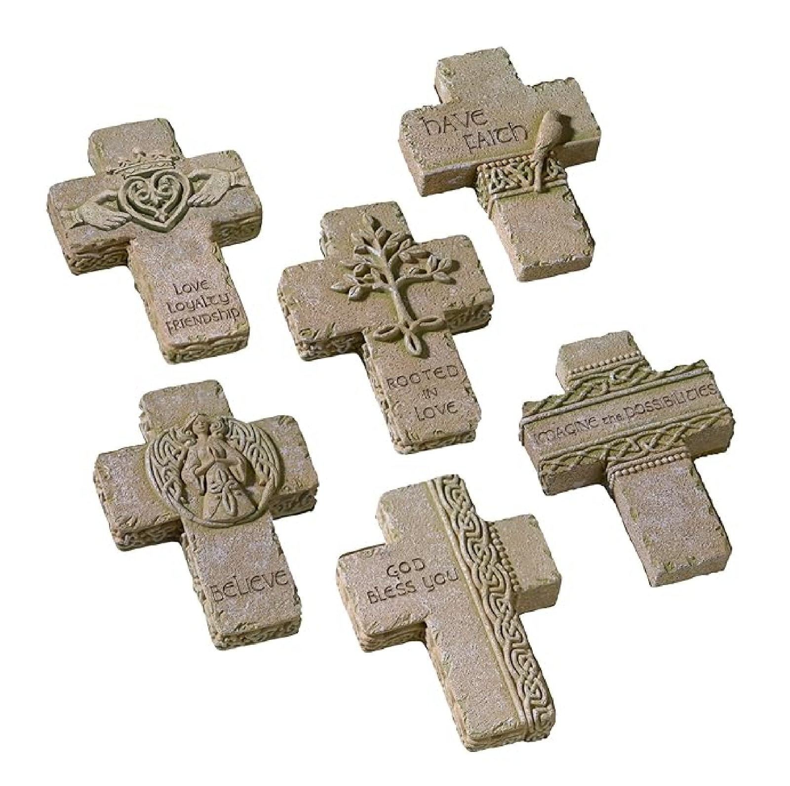 6-Piece Stone Cross Set Love Faith Believe Celtic Tree Dove Claddagh Angel Bird