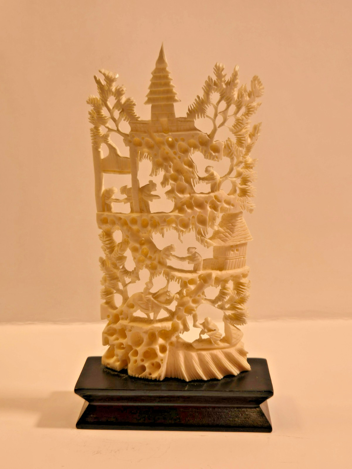 Vintage Chinese Carved Openwork Panel Pagoda Landscape Wood Stand