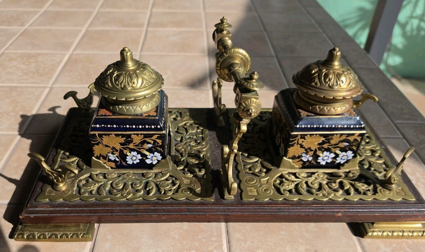 Antique Double Inkwell Victorian Black Porcelian Enamel Flowers W/ Gold W/ Stand