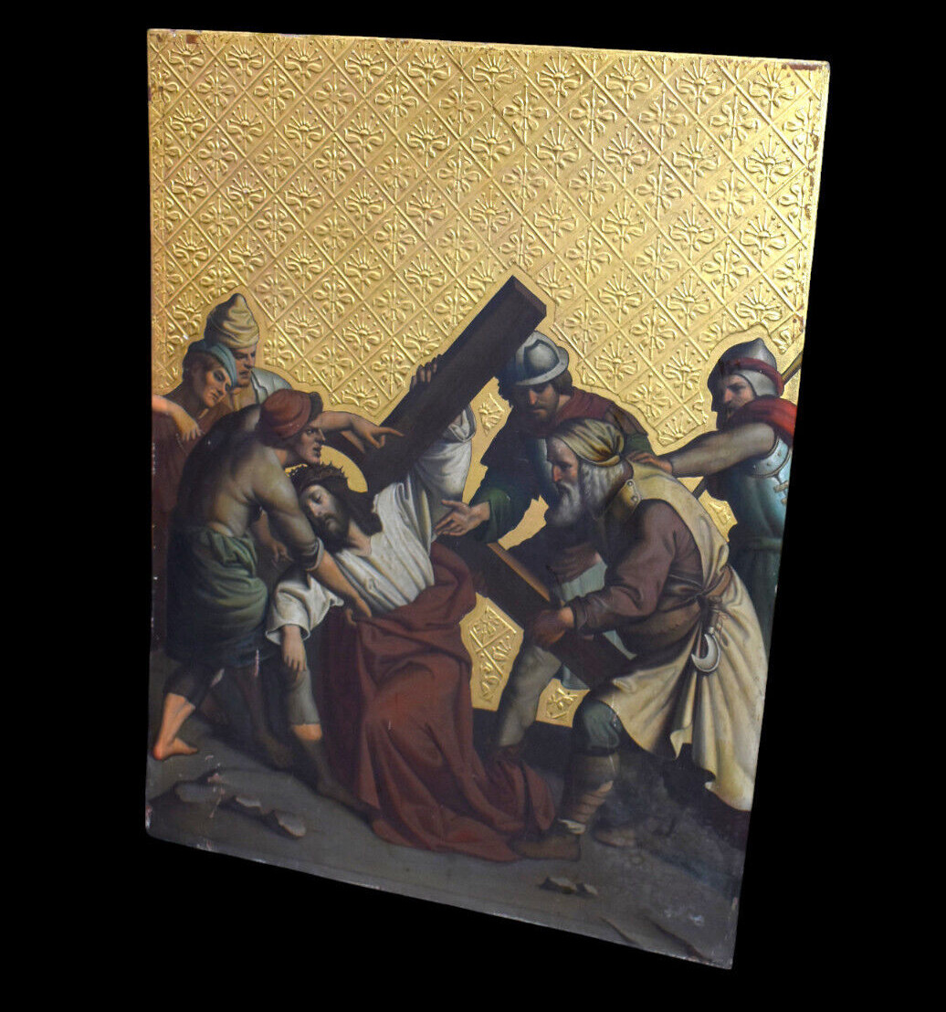 Antique mixed technic Descent from cross painting on copper Religious