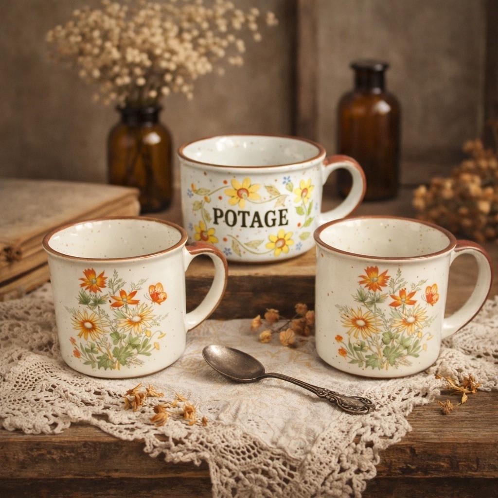 VTG Japan Stoneware Mug & Soup MCM Set x3 Daisy Floral Speckled Otagiri Style