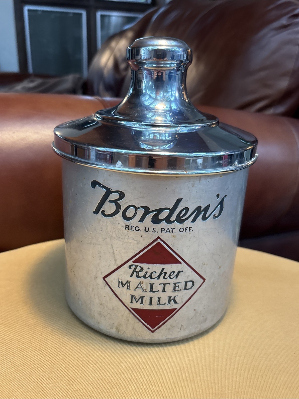 VTG Borden\'s Malted Milk Soda Fountain Counter Canister Metal Advertising w/ Lid