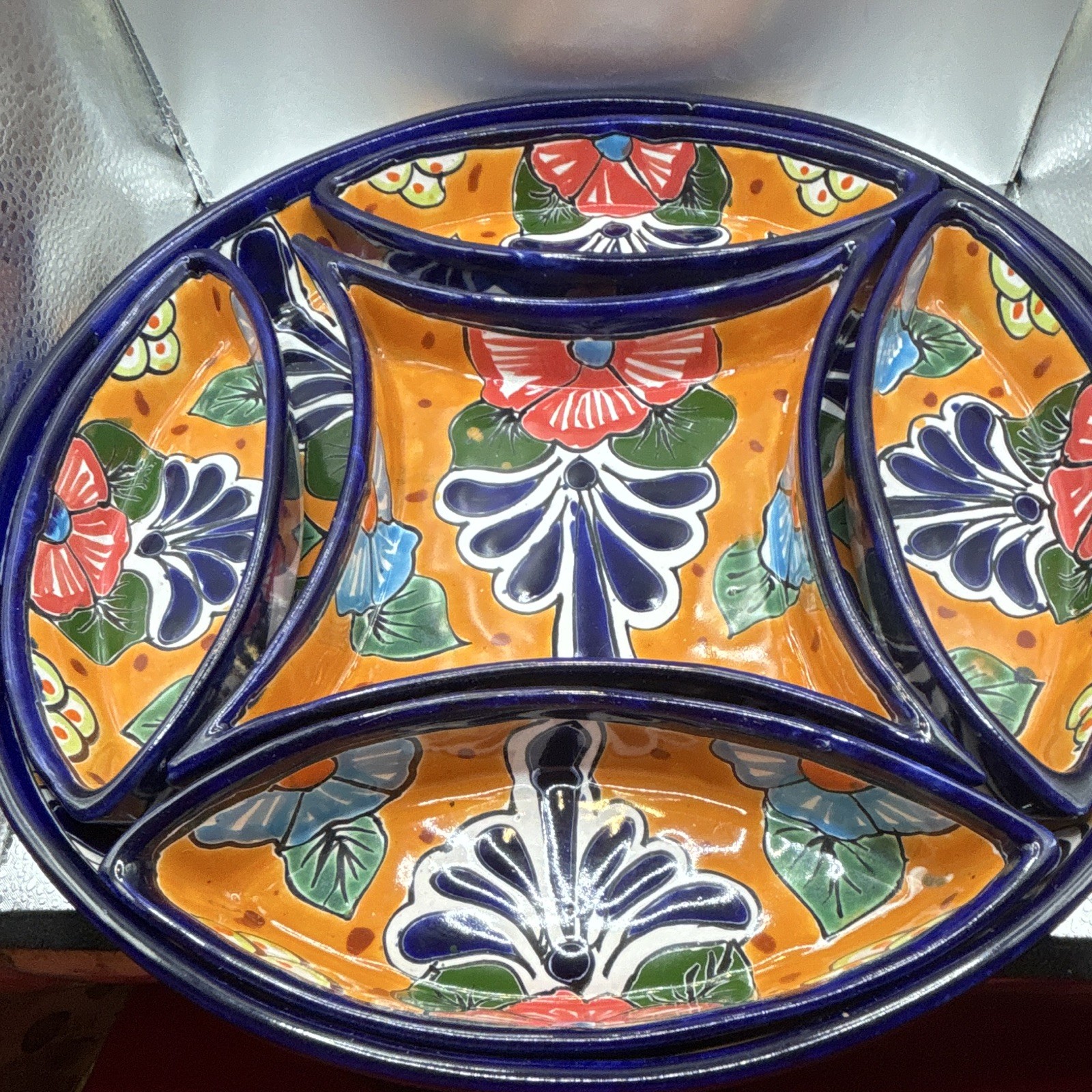 Mexican Talavera 7-piece serving tray set hand-painted orange, and floral motif