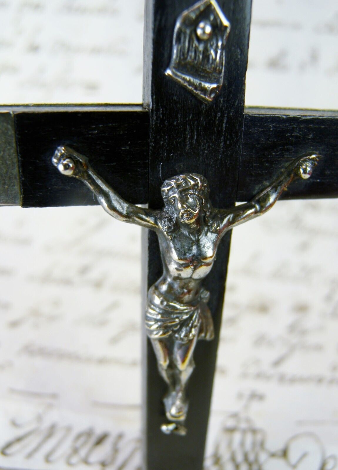 Carmelite Nuns Bronze Repoussé Silver & Ebony Cross Habit Vestment Crucifix
