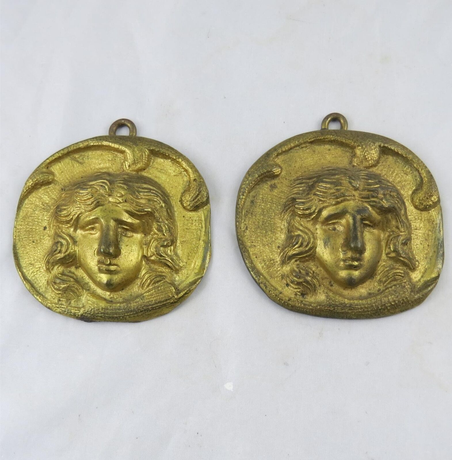 Pair 19th C Bronze Face in Relief Hanging Medallions 4-1/4