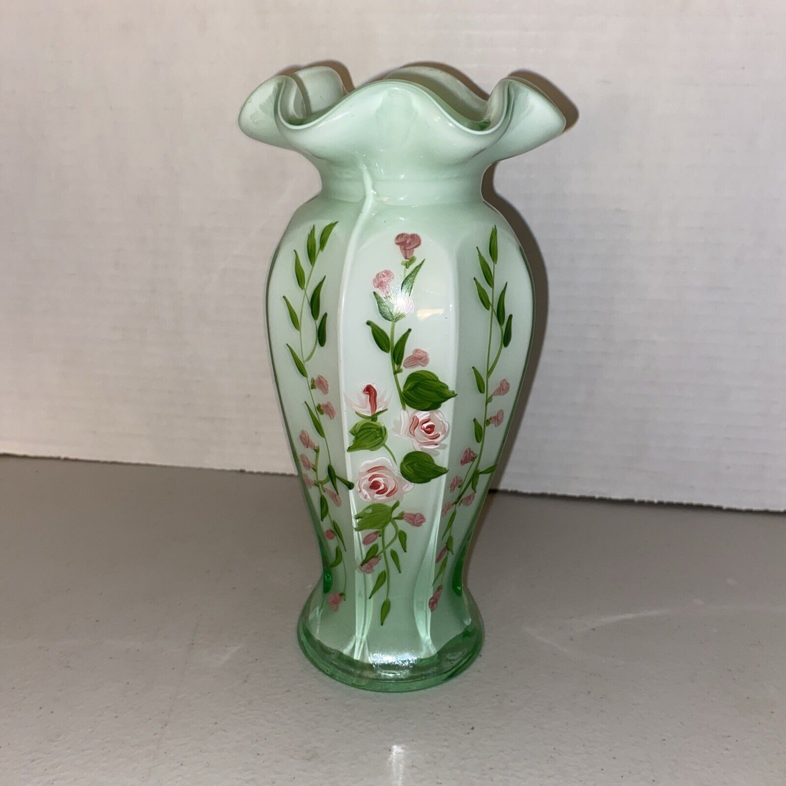 Fenton Opaline Green Cased Glass Ruffle Floral Hand Painted Roses Vase 7 1/2”
