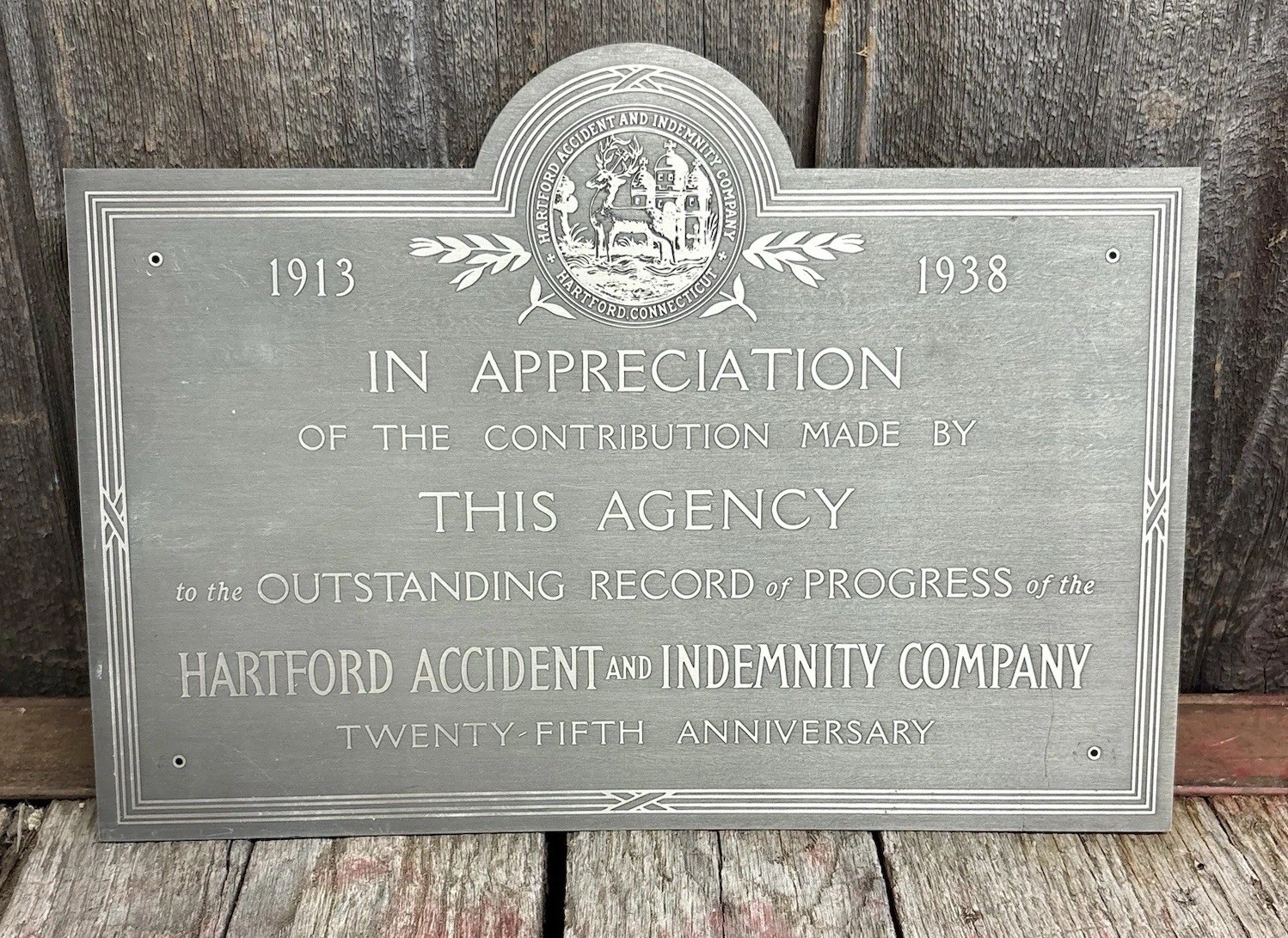 Vintage 1938 Commemorative Hartford Accident and Indemnity Company Plaque Sign