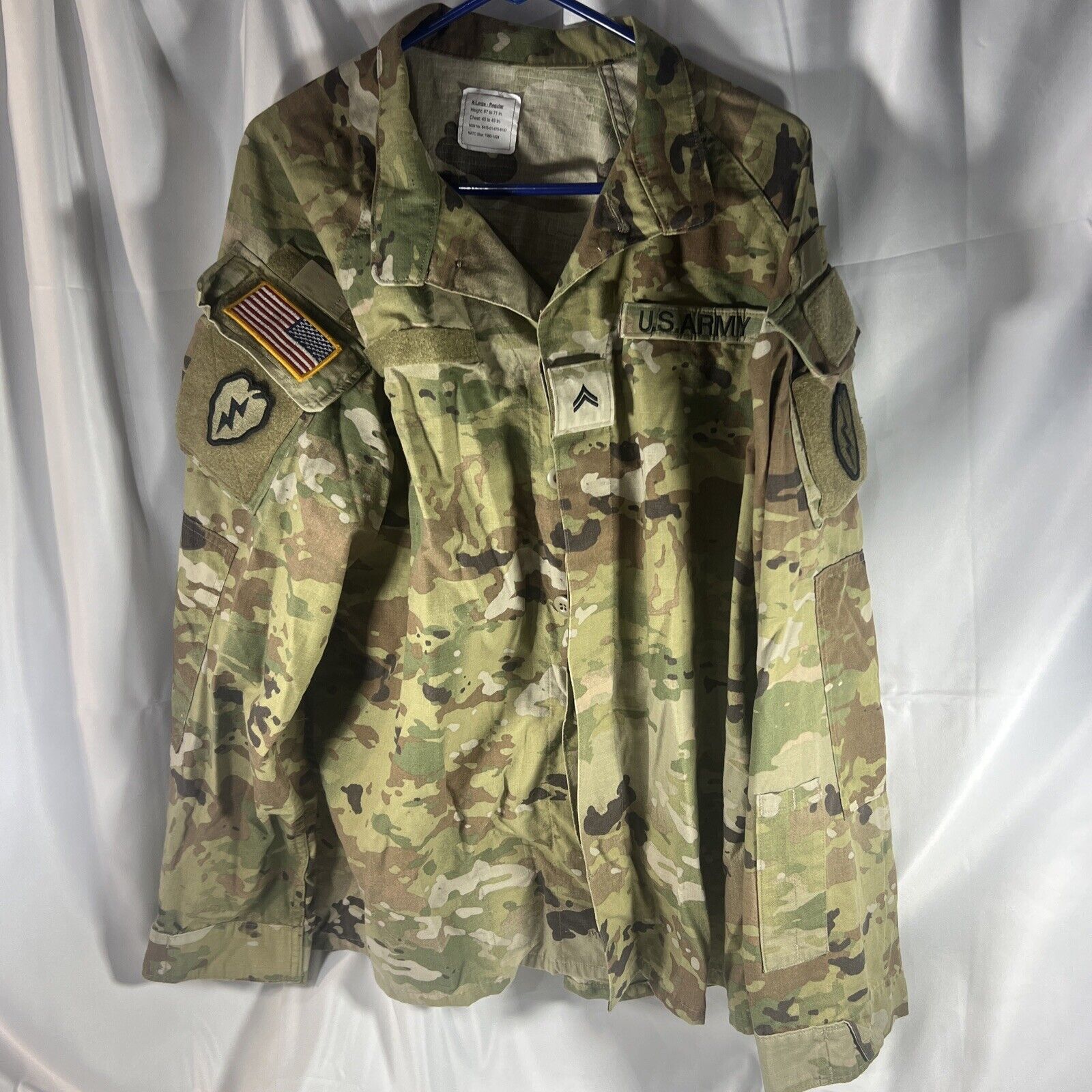 US Army Mens Uniform Top XL Green Brown Black Camo Military Issued With Patches