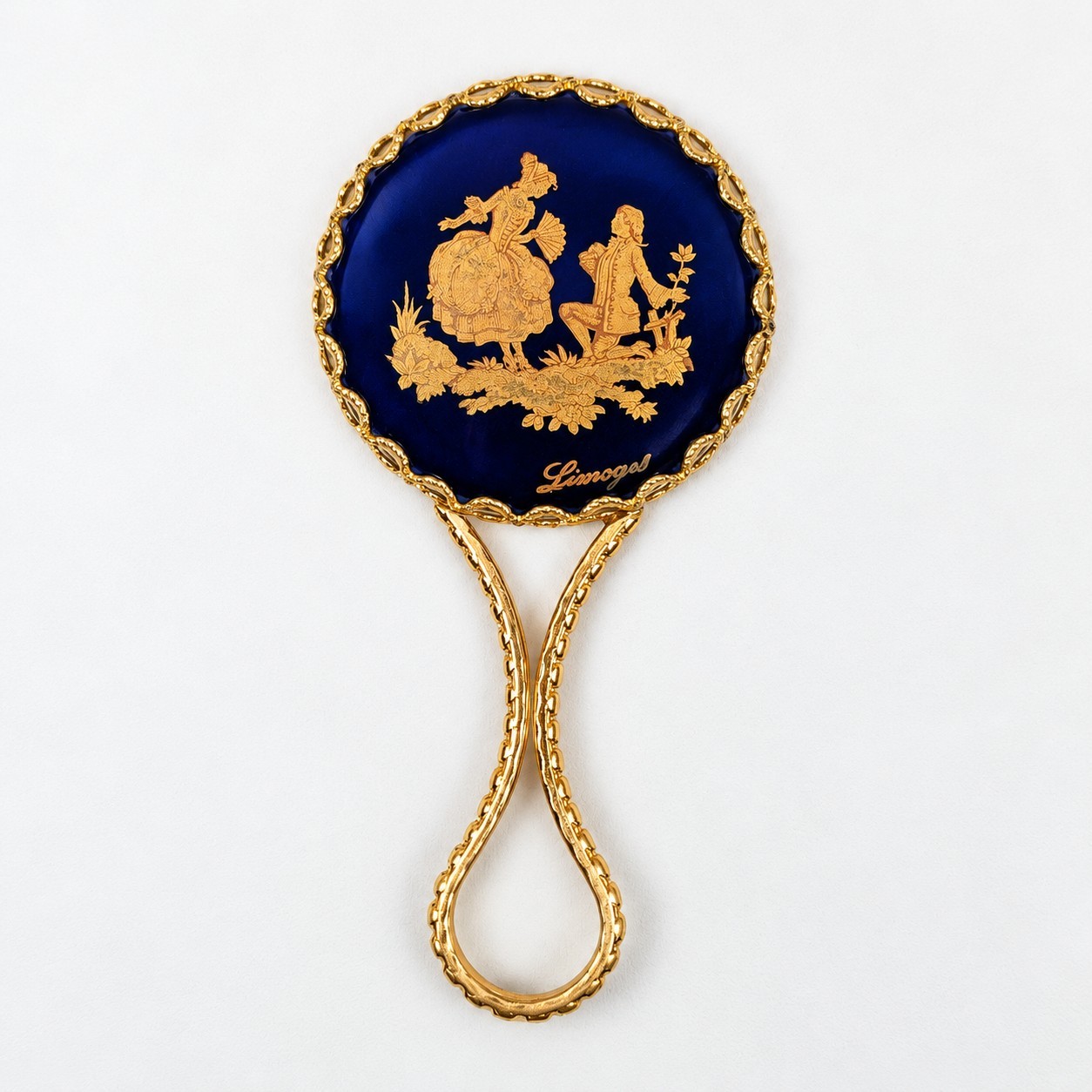 Limoges France Pocket Mirror Hand Vanity Gold Porcelain Ornate Victorian Regency