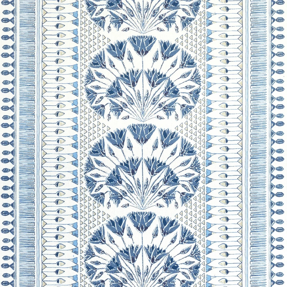 Anna French Egyptian Lotus Linen Print Fabric- Cairo / Blue White 2.30 yd AF9624