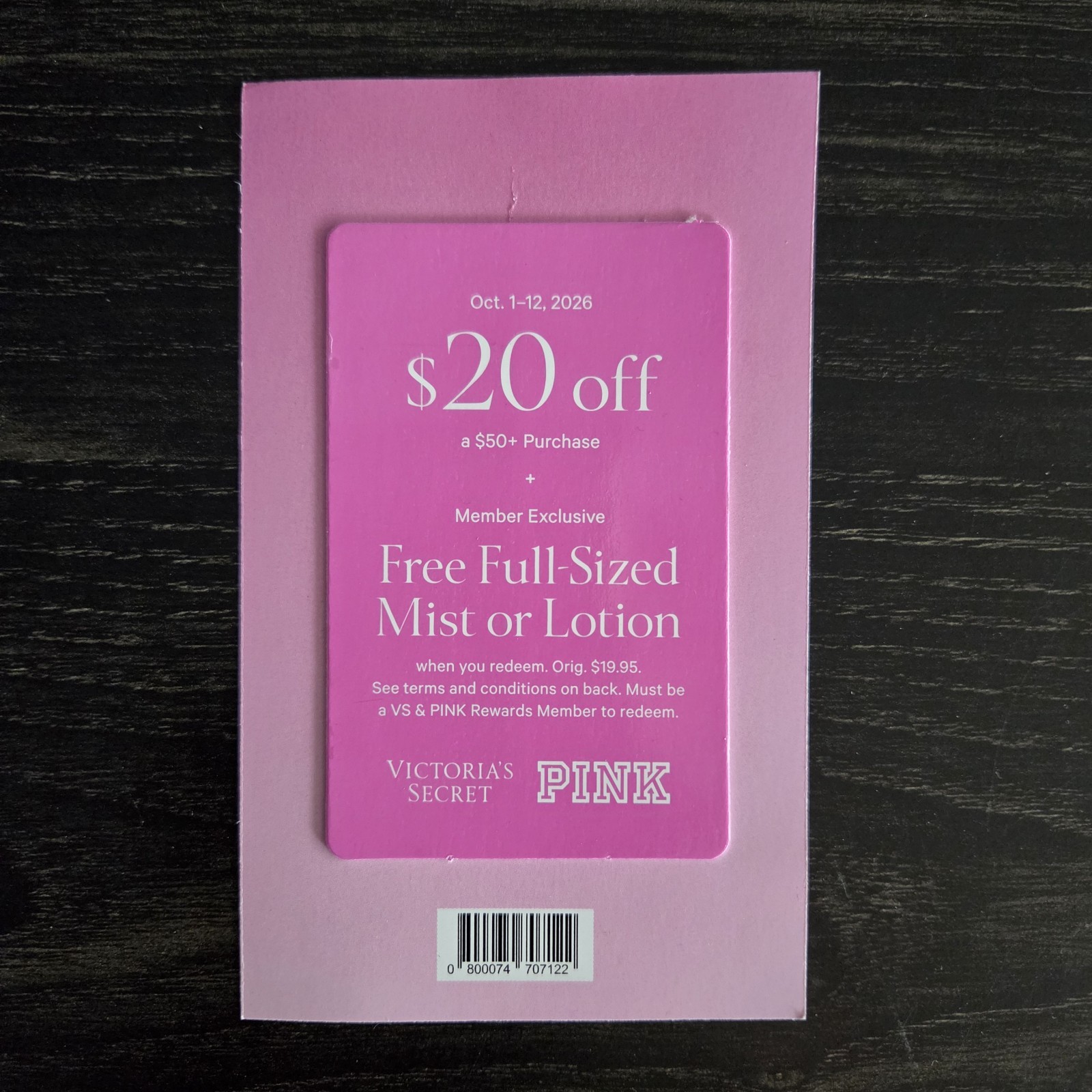 Victoria\'s Secret PINK Bonus Card $20 off $50 & Mist/Lotion Coupons 10/1 -12
