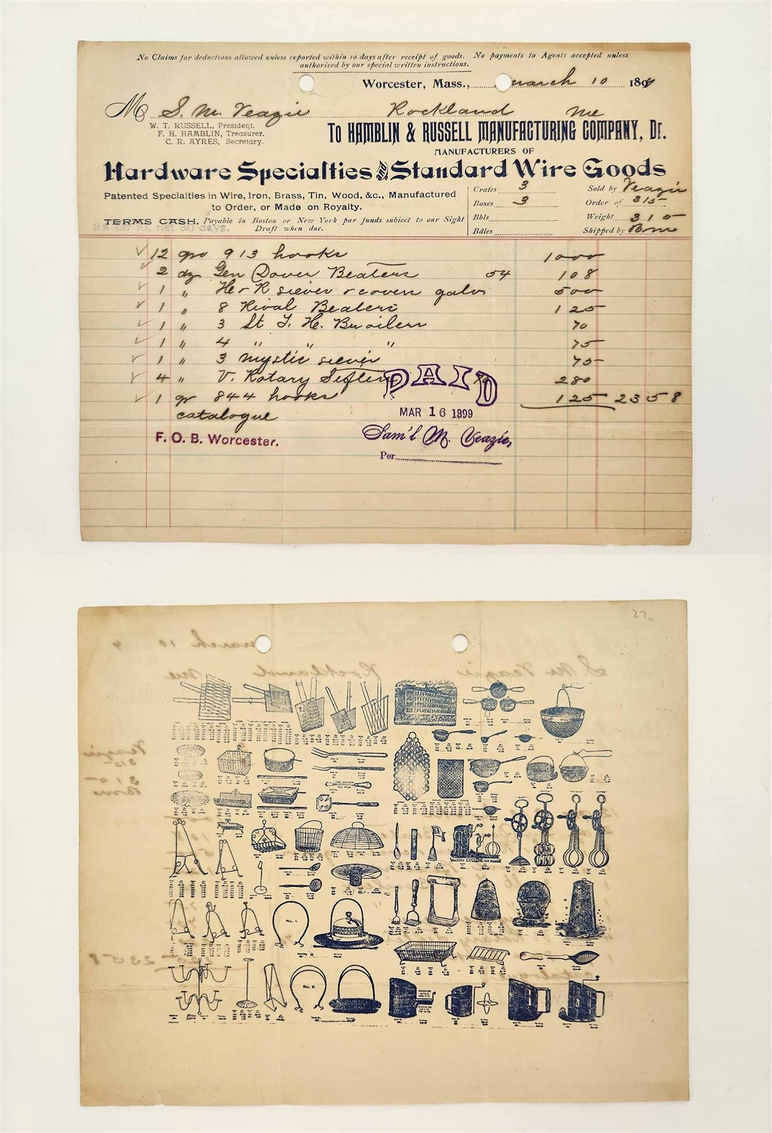 1899 antique HAMBLIN & RUSSELL MFG CO worcester ma HARDWARE WIRE GOODS invoice