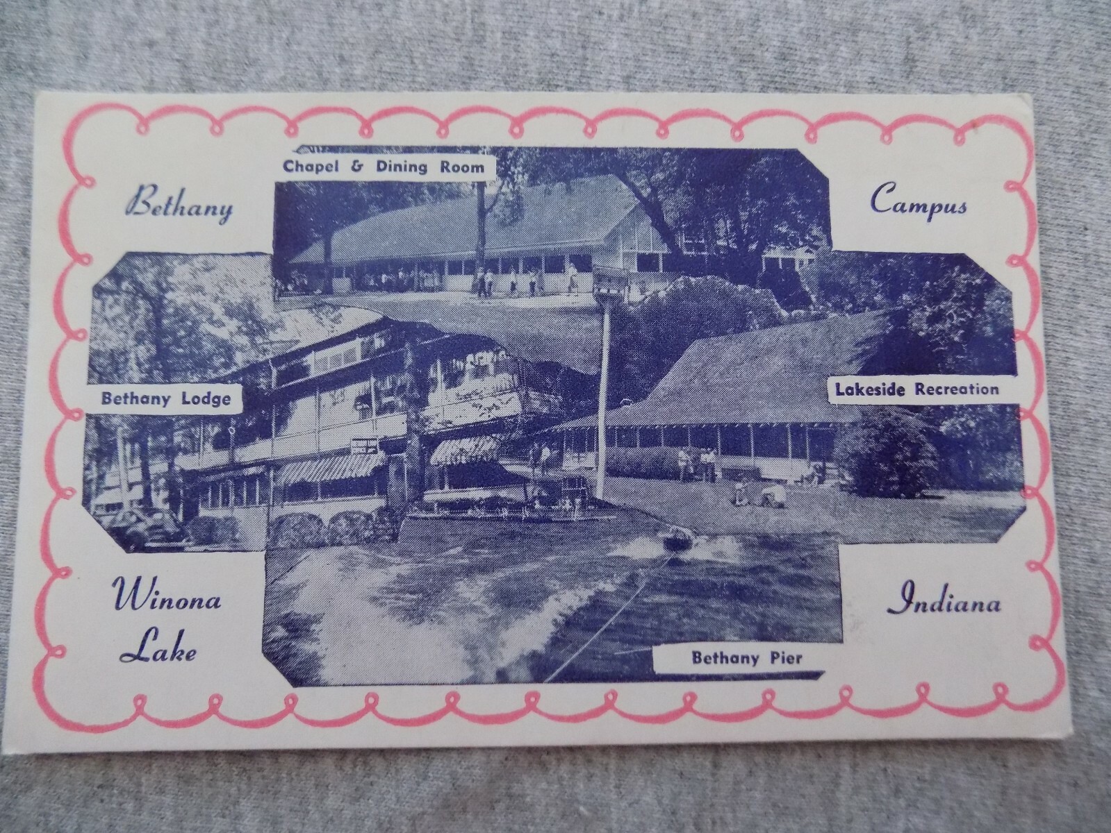 Winona Lake IN Bethany Campus Lodge Pier Chapel Multiview Vtg Postcard 1951