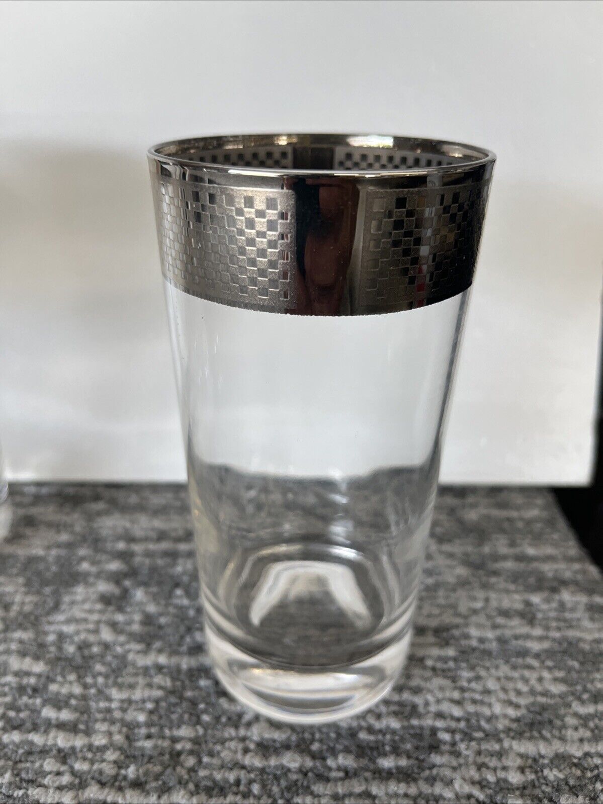 Vintage Mid Century Modern Silver Checkered Rimmed Water Glasses, Set of 4