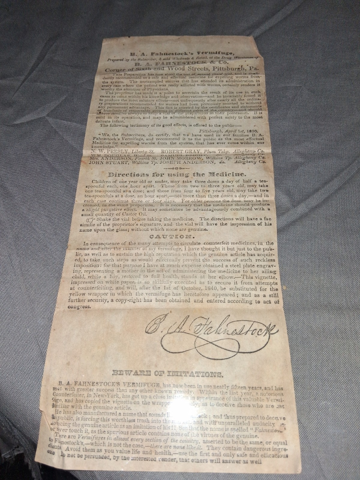 1840 Antique Broadside B A Fahnestock Vermifuge Patent Medicine Pittsburgh PA -