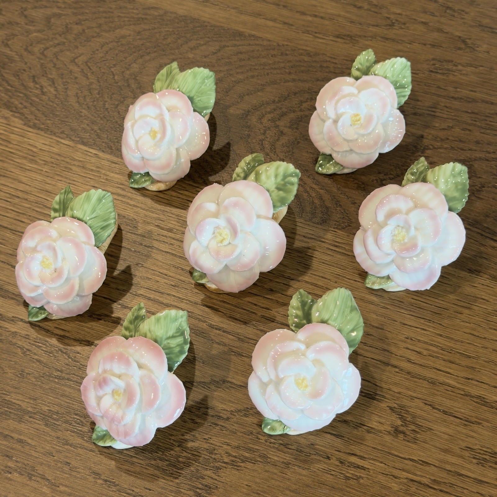 Vintage 1986 PIA Bone China Pink Rose Napkin Rings Set Of 7 Hand Painted Floral 