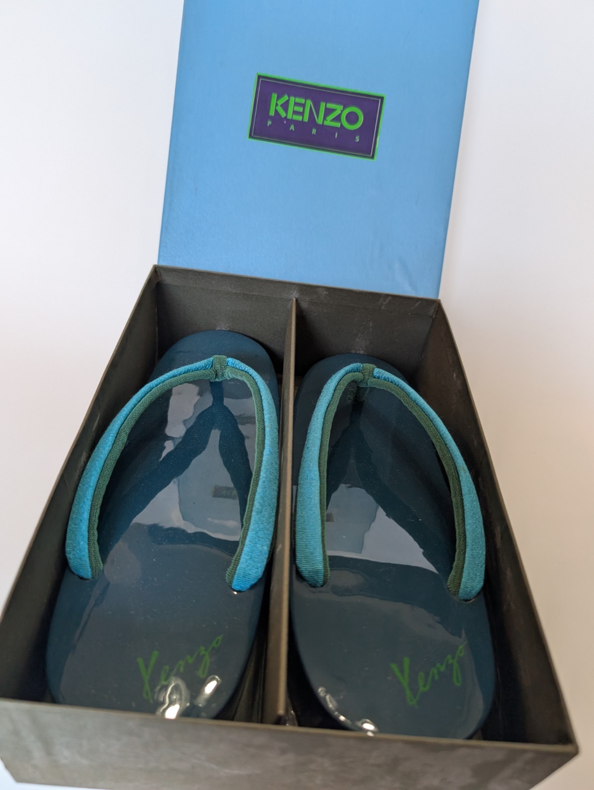 Vintage Japanese Women\'s Geta Sandals Blue Hanao 22cm US 5 Wooden Yukata Kimono