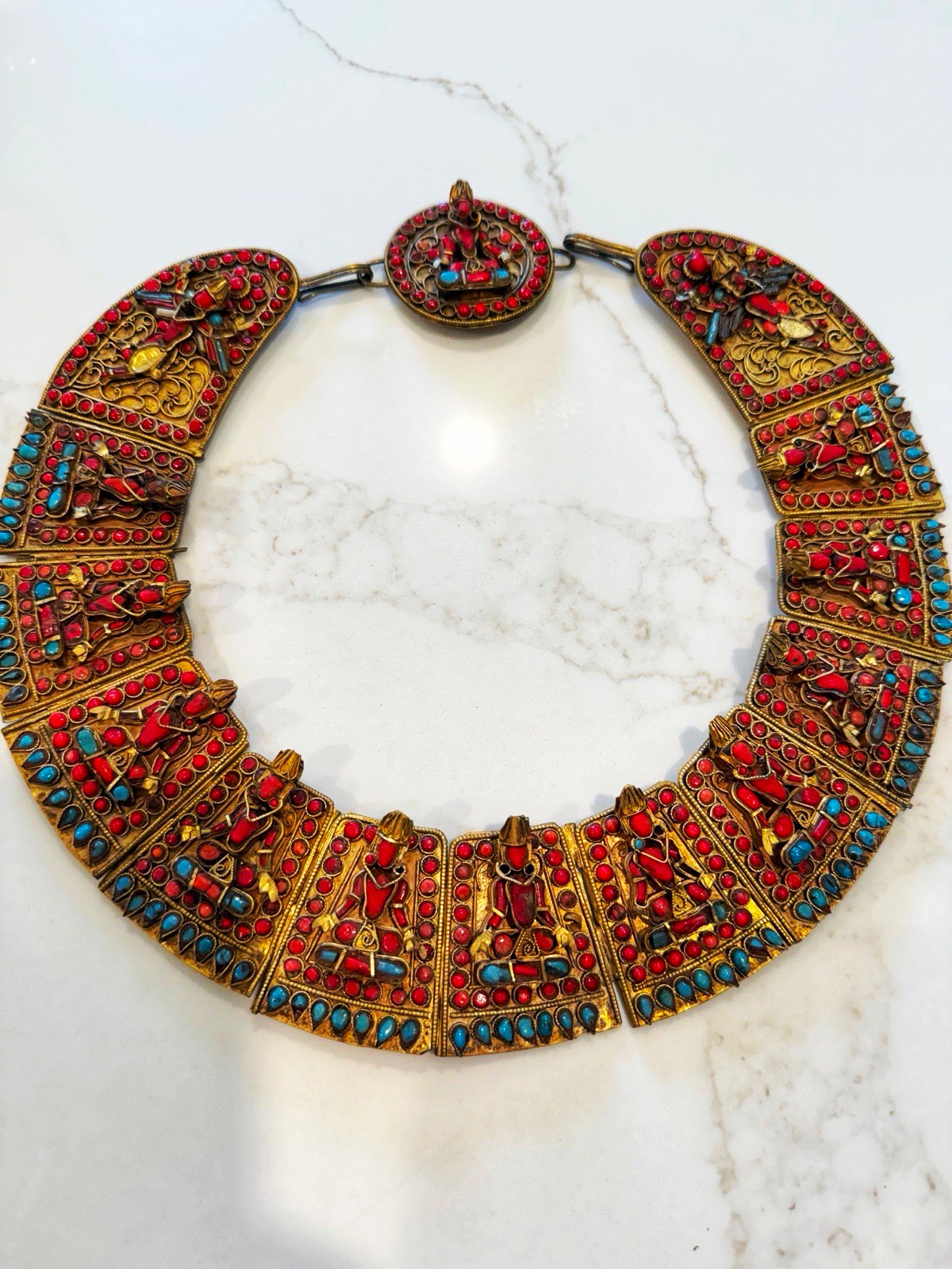 Tibetan Style Ornate Collar Necklace Red Blue Inlay Gold Tone Figural Panels