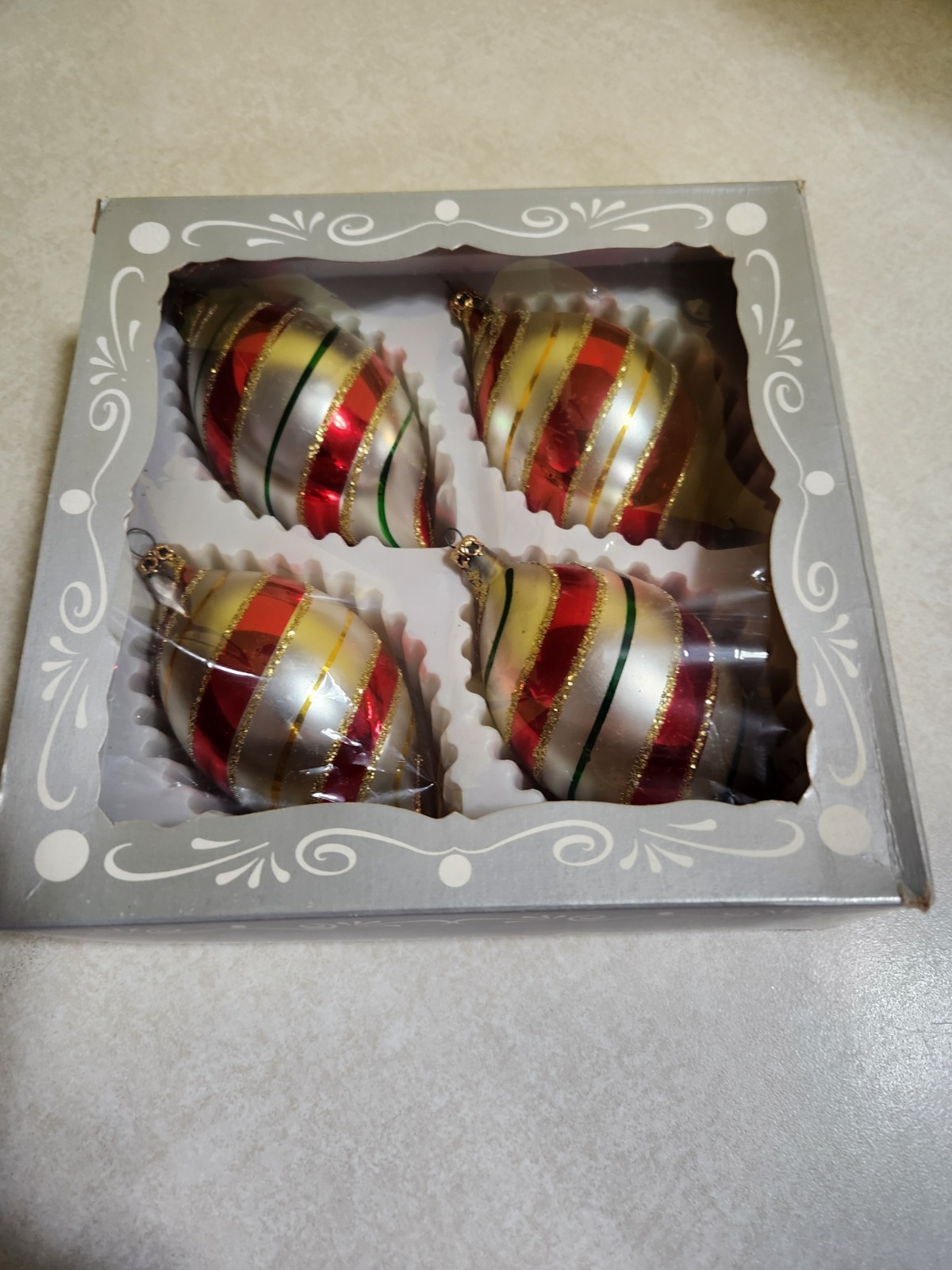 Vintage Colombia Christmas Ornaments Boxed Set of 4 Multi Color Swirl
