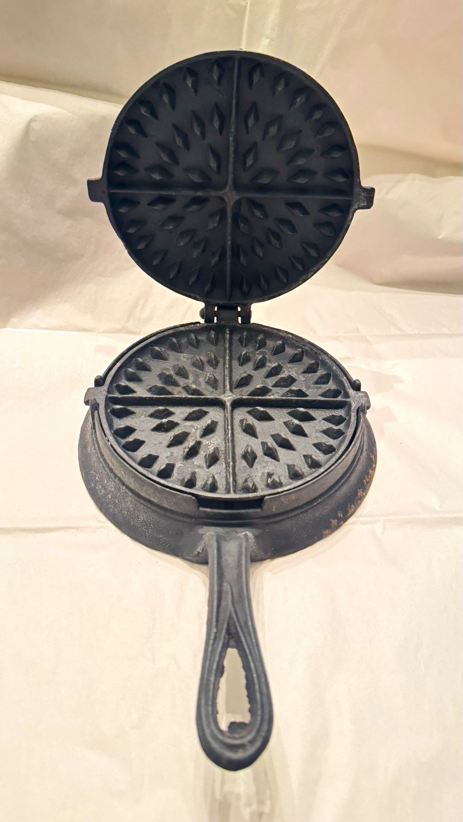 Vintage Cast Iron Stovetop Round Waffle Iron Maker Black Ring Base Manual Press