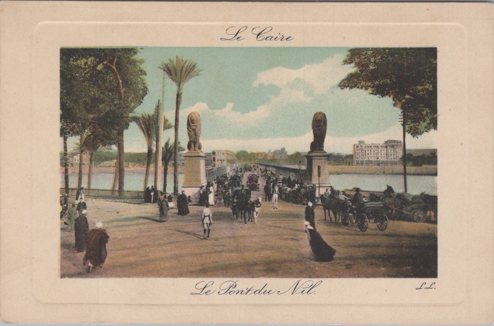Pont du Nil Nile Bridge Cairo Egypt Lion Statues Carriages LL 1910s Postcard