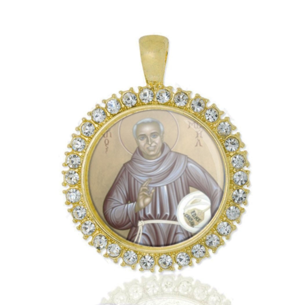 St Mychal Christian Round Medal Gold Tone Pendant with Rhinestones
