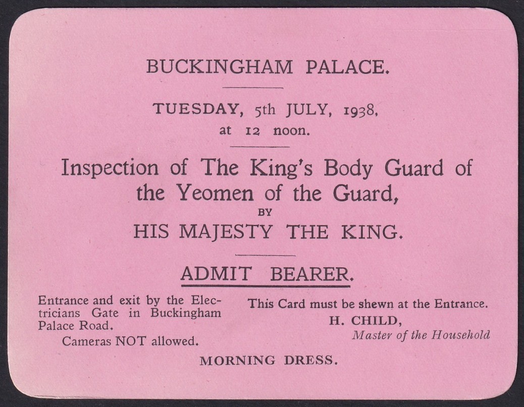GB 1938 Buckingham Palace invitation Guard Inspection by His Majesty The King